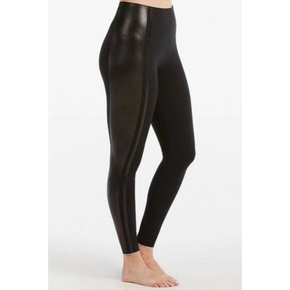 SPANX by Sara Blakely Leggings Gloss Side Stripes Women’s Size Large Black - Picture 1 of 9